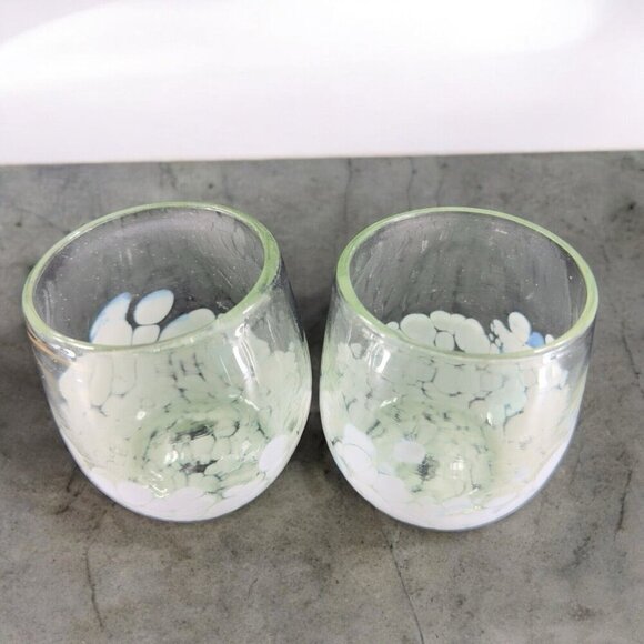 Hand Blown Glass Set 2 Stemless Tumblers Drinking Glasses Cups Clear White Spots - Picture 2 of 13
